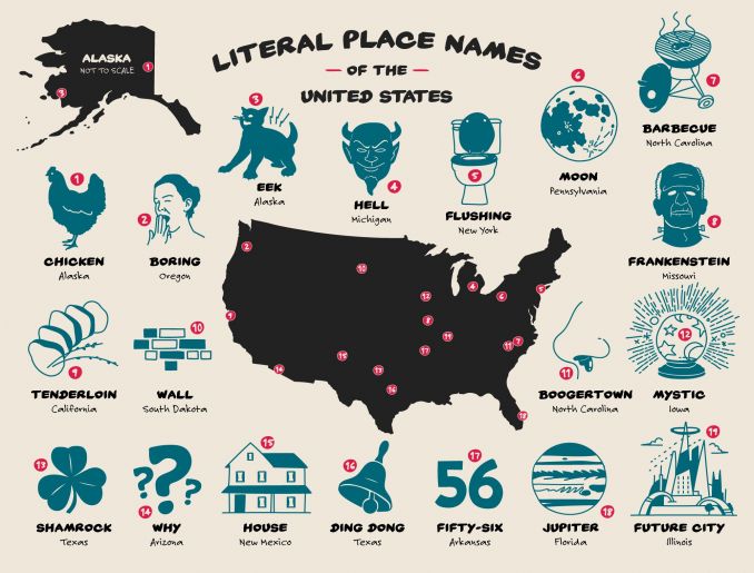 infografica città statunitensi con nomi strani